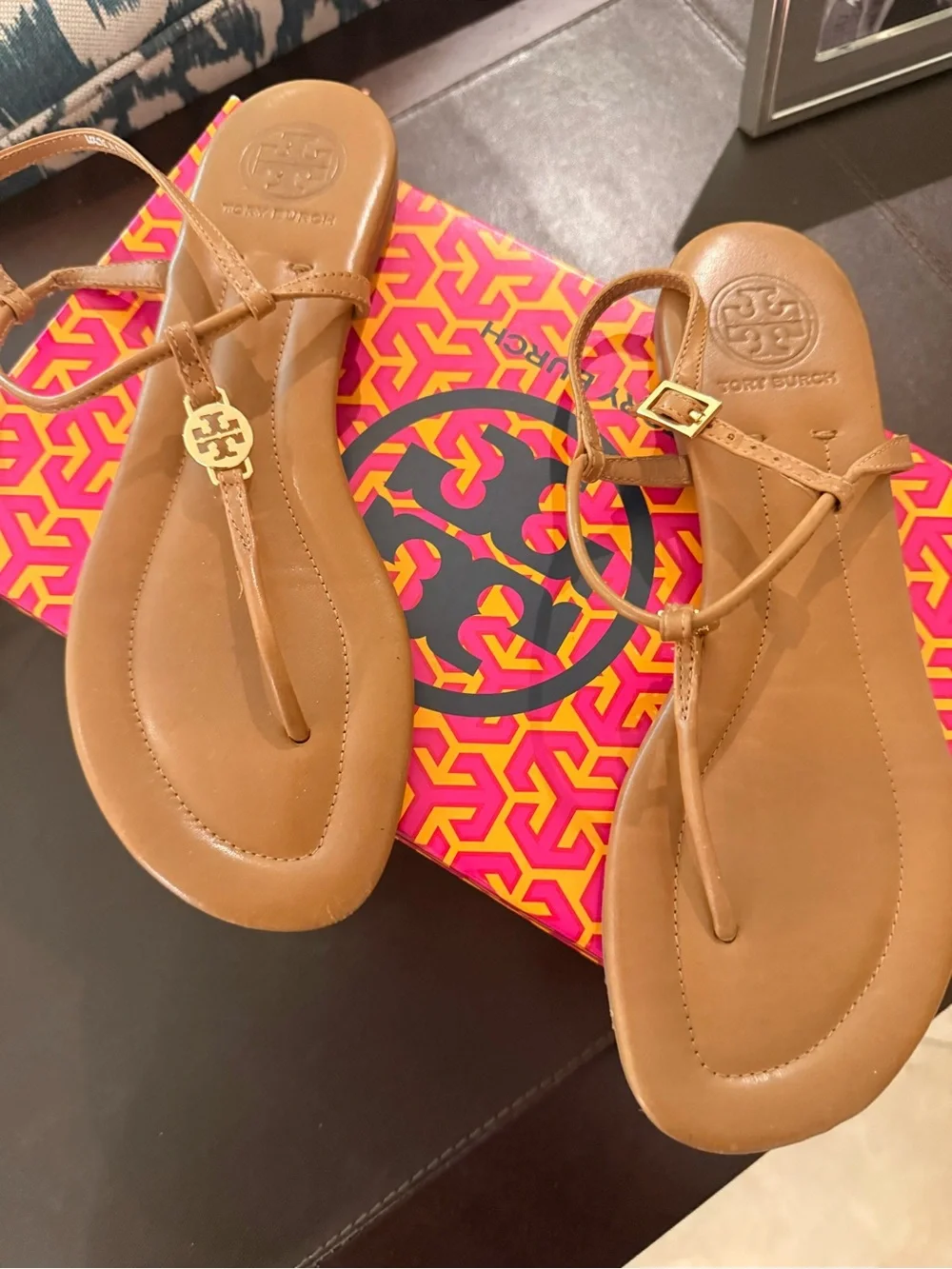 Tory Burch Cognac Leather Logo Thong Sandals